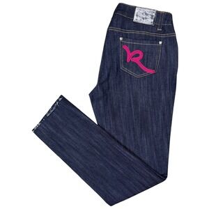 Rocawear Jeans Women's‎ Juniors Slim Fit Dark Wash Raw Hem Size 11 Blue/Pink Y2K